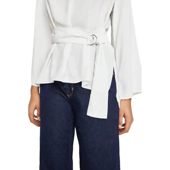 Zara White Blouse Top With Belt  V-Neck Flowy Size Small - Picture 4 of 14